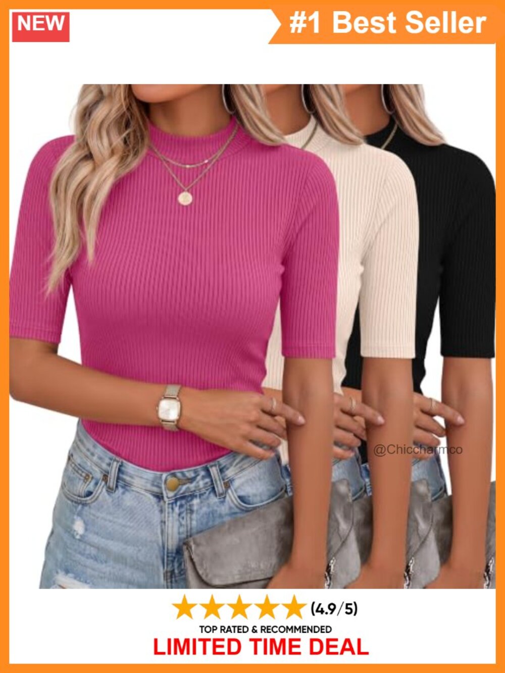 3 Pack Women's Ribbed Mock Neck Half Sleeve T-Shirts Slim Fit Tops